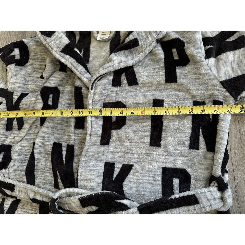 Victoria's‎ Secret PINK Robe Gray Black Logo Plush Tie Waist Cozy M/L - Picture 8 of 15